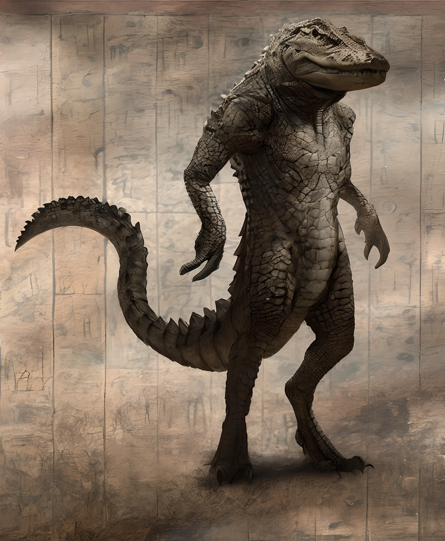 A closeup of a large alligator standing on its hind legs, Sci-Fi Crocodilo Alien, anthropomorphic alligator, criatura antiga forte, Lagarto sci-fi, arte do lagarto, Lagarto, uma criatura antiga, reptiliano, strong upper arms, imagem com detalhes, imagem em 4k Ultra realista.