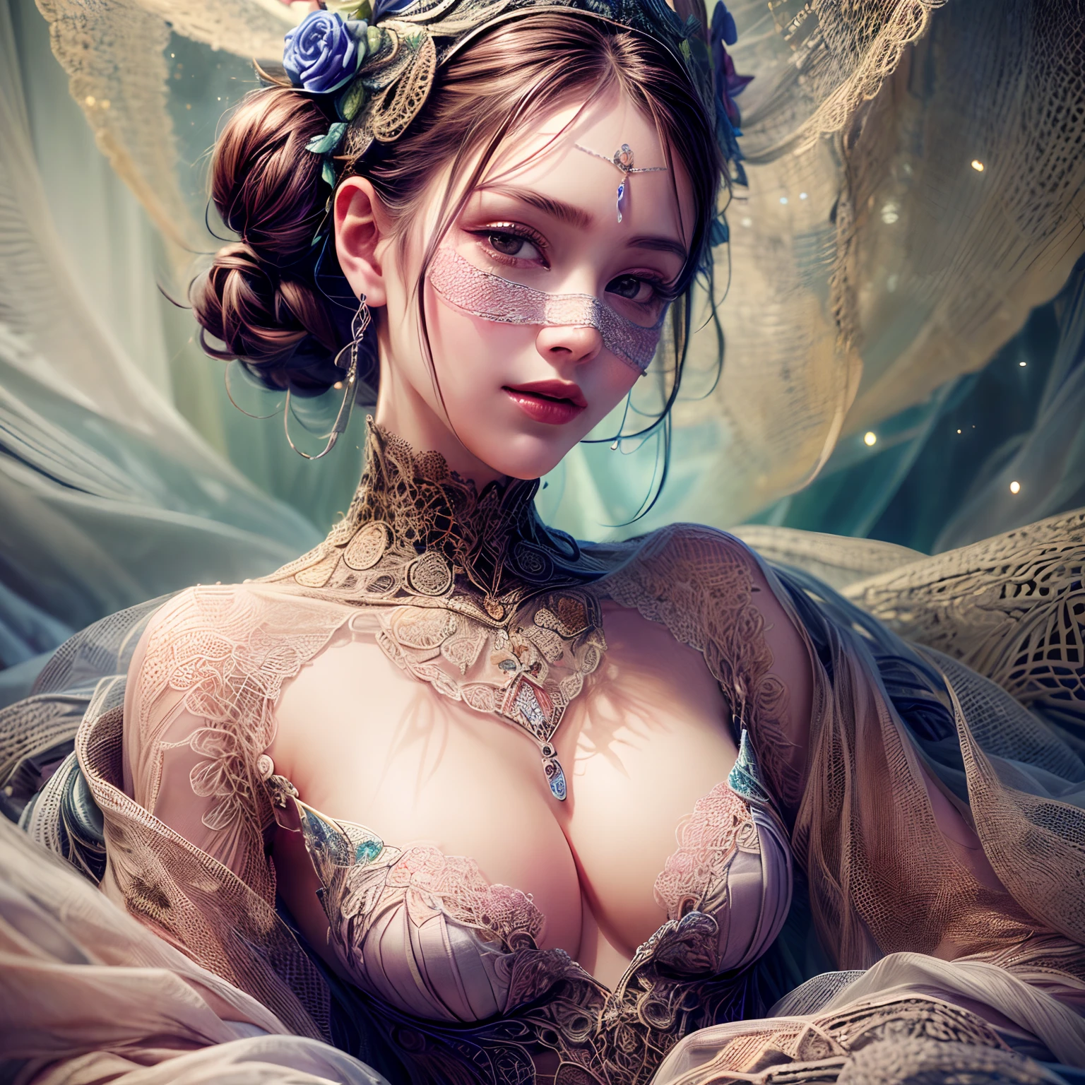 best quality, ultra-detailed, realistic, art nouveau, oil painting, vibrant colors, soft lighting, luxurious atmosphere, intricate lace details, flowing floral patterns, delicate see-through fabric, ornate armoured dress, the girl is seated on a velvet chair, she is looking directly at the viewer with a smug grin on her face.