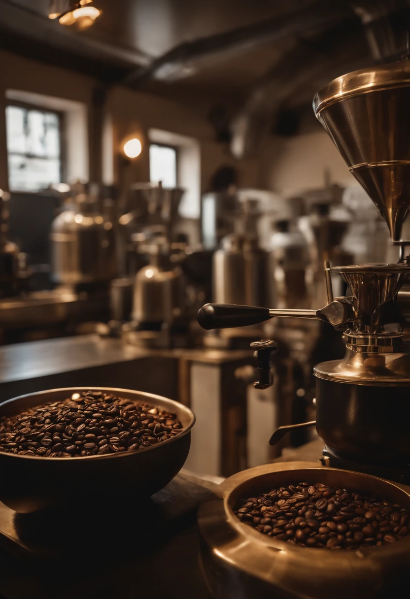 Create a detailed and atmospheric image of a coffee roastery. The setting is industrial yet inviting, with warm lighting that highlights the gleaming coffee roasting machines made of brass and copper. Sacks of green coffee beans are stacked in the background, and freshly roasted coffee beans cool in a circular cooling tray in the foreground. The ambiance is cozy and filled with the rich aroma of roasting coffee. Include baristas in aprons inspecting the roast and a chalkboard displaying various coffee origins and roast levels.