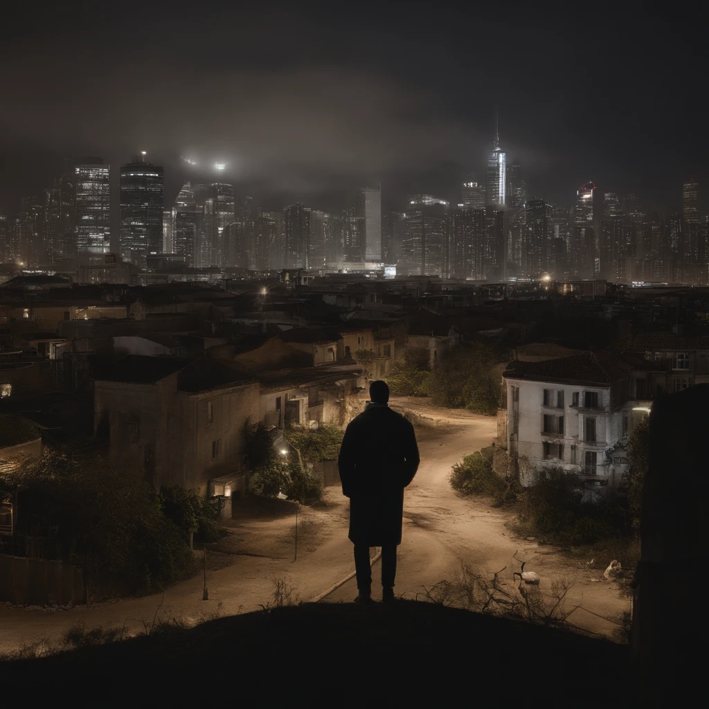 Vista noturna borrada da cidade de Seul, A luz do carro, Shimmering buildings, The demolition of the city, E a lua nascendo ao longe forma o fundo. A man stands with his back turned. As estrelas que brilham acima do homem brilham suavemente. Underneath the feet of man, A broken clock and an hourglass are visible. The overall color is vintage and warm