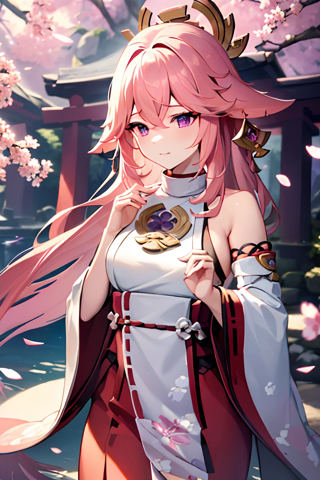 (best quality,4k,8k,highres,masterpiece:1.2),ultra-detailed,anime,dark color tones,gentle and warm lighting,yae miko,flowing kimono,delicate cherry blossom petals,serene expression,traditional Japanese garden,subtle brush strokes,intricate details,soft and calm atmosphere,ethereal beauty,graceful movements,harmony between nature and human presence,strong sense of tranquility,dappled sunlight filtering through the trees,serene and peaceful ambiance,gorgeous color palette,subtle hints of pink and purple,sublime beauty,subdued color saturation,subtle gradients and shadows,delicate facial features,expressive eyes and lips,serenity in every brushstroke,spiritual and calming presence,sublime depiction of nature's beauty,subtle details in the scenery,harmonious connection between the character and her surroundings