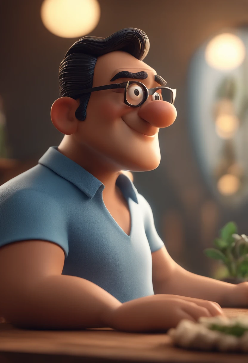 Cartoon character of a man with black glasses and a blue shirt, animation character, Caractere estilizado, animation style rendering, 3D estilizado, Arnold Maya render, 3 d render stylized, toon render keyshot, Personagem 3D, Personagem 3D, 3d rendering stylized, 3 d character render, personagem de desenho animado, Personagem de close up, Pose de personagem, (Estilo Pixar) (master part:1.2) (Bokeh) (best quality) (pele detalhada) (textura detalhada) (8k) (argila) (Cinematic lighting) (foco nítido