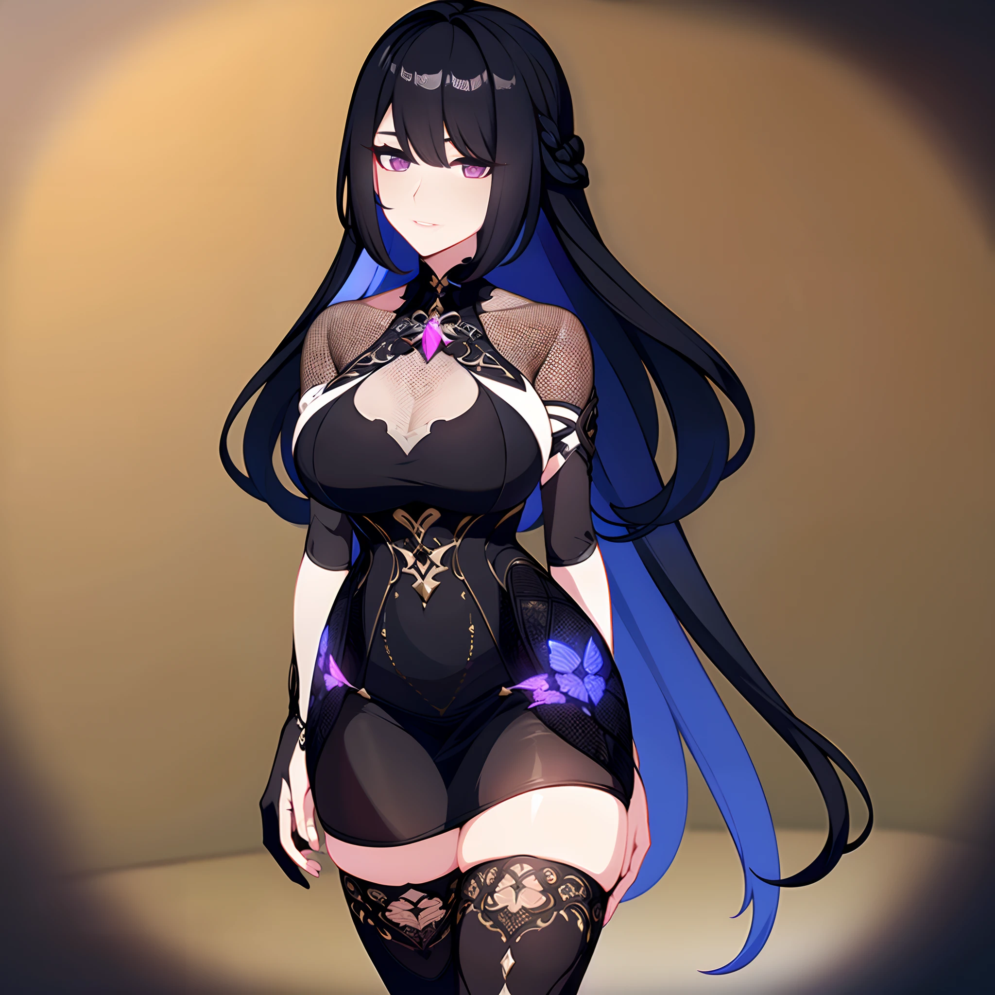 high quality, best quality, ultra detailed, extremely detailed, vibrant colour, solo,1woman, mature female, long hair, black hair, straight hair, purple eyes, intricate details, balck dress, fitting dress, bodycon dress, jewelry, jemstones, looking at viewer