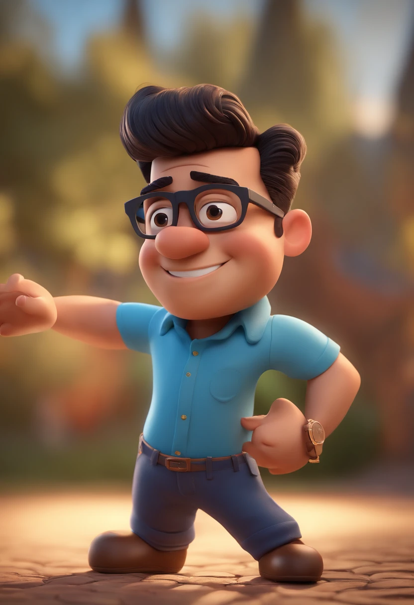 Pixar Disney cartoon character of a man with black glasses and a blue shirt, animation character, Caractere estilizado, animation style rendering, 3D estilizado, Arnold Maya render, 3 d render stylized, toon render keyshot, Personagem 3D, Personagem 3D, 3d rendering stylized, 3 d character render, personagem de desenho animado, Personagem de close up, Pose de personagem,  (Estilo Pixar) (master part:1.2) (Bokeh) (best quality) (pele detalhada) (textura detalhada) (8k) (argila) (Cinematic lighting) (foco nítido