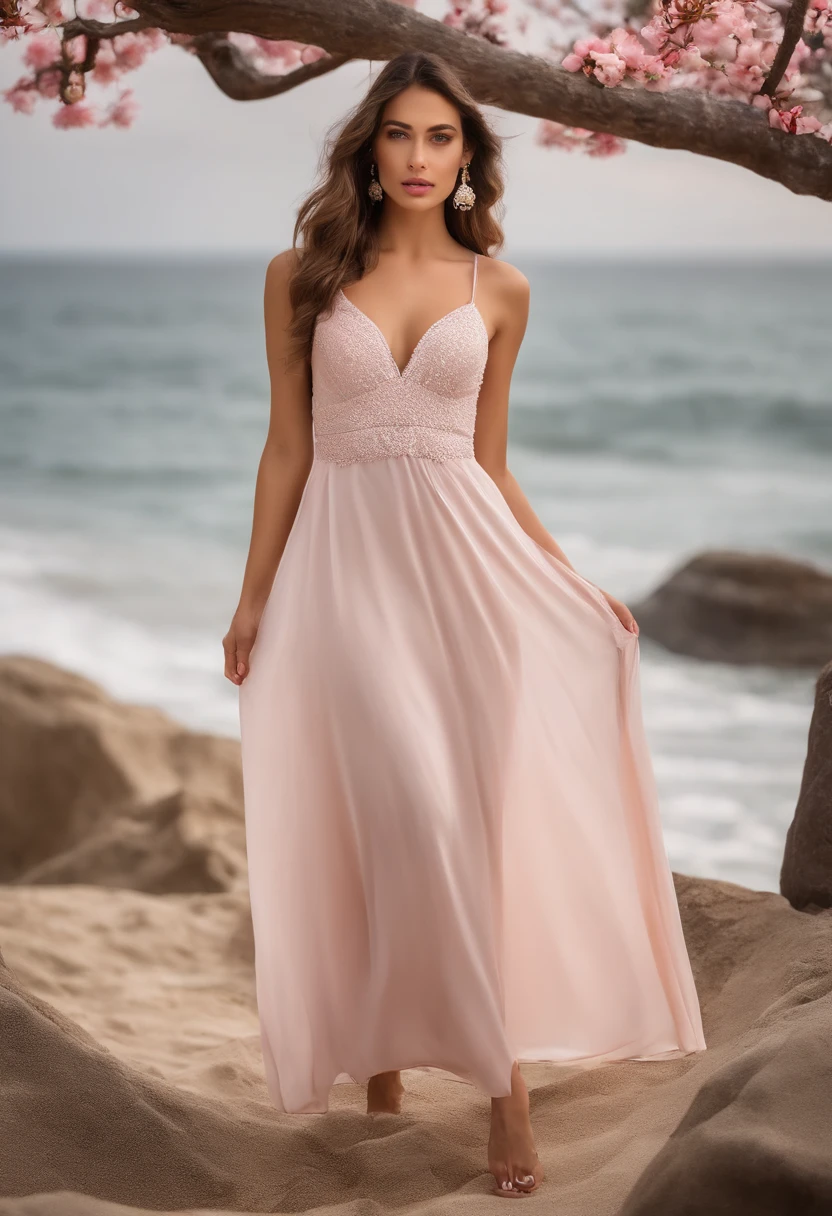 Beautiful and charming woman in fashion trend, corpo inteiro: 1.6, Segurando flores, Hairstyle Random, sentado sob um guarda-sol, on seashore, Tight Sliding Dress Random Color, Vento soprando cabelo, Blue sky and white clouds, delicate sexy collarbone, cobrindo o peito, cara de ovo de ganso encantadora, double eyelids, smart peach blossom eyes, pink lips, nariz pequeno virado para cima, bareshoulders, Rosto focado, Rosto em close-up, ultra-high definition, Super Detalhe, translucidez ultrafina, fresco e bom, transparente, Rosa