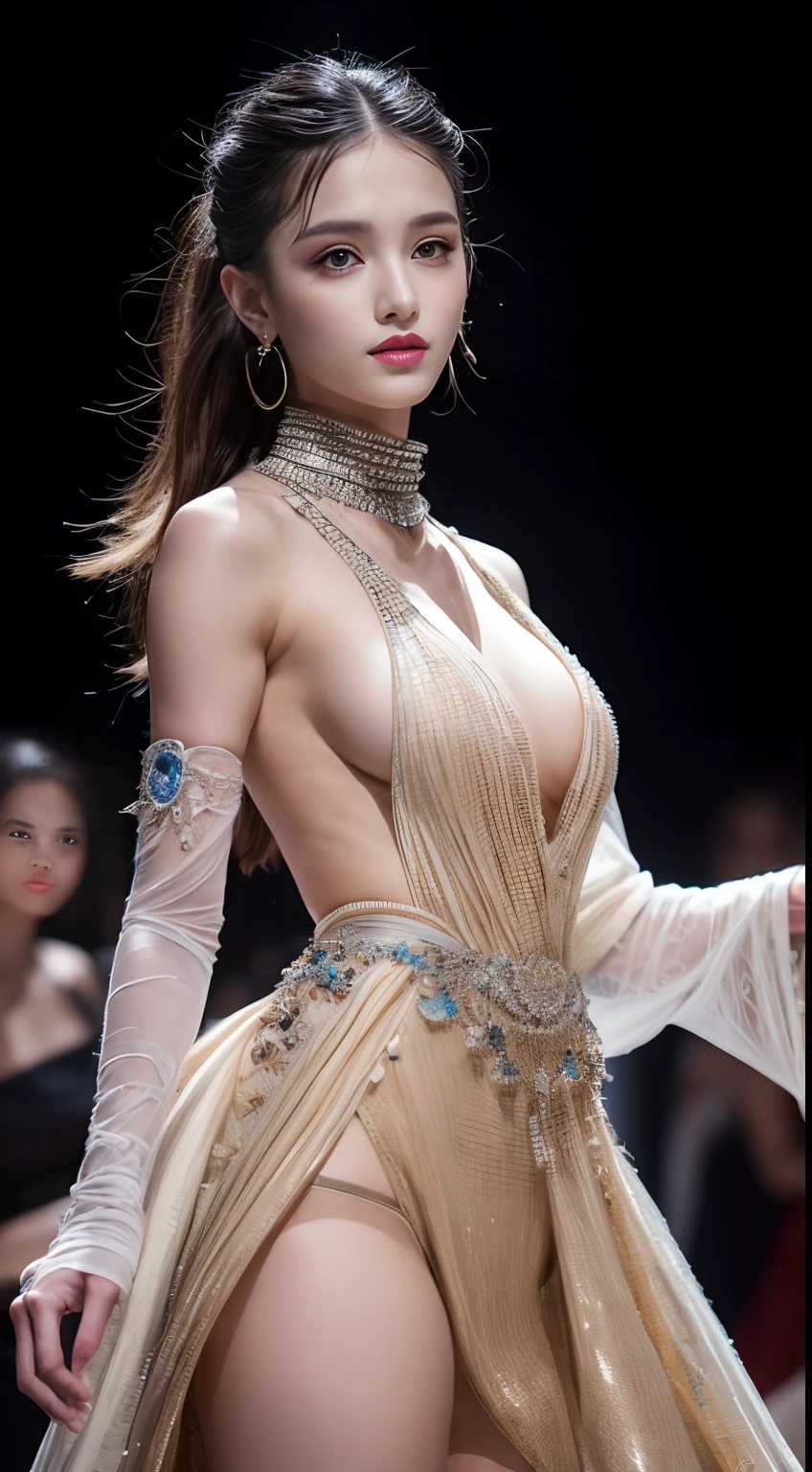 Ultra-detailed, A high resolution, Masterpiece:1.2, professional, Vibrant colors, Stunning lighting, Fashion show, Charismatic model, posing elegantly, detailed outfits, Catwalk, Stylish atmosphere, mesmerizing looks,exquisite facial features, A confident expression, Dynamic movements, Atmospheric lighting, GLOSSY TEXTURE, Luxurious design, Intricate patterns, haute couture fashion, edgy style, A well-crafted ensemble, Exquisite details.