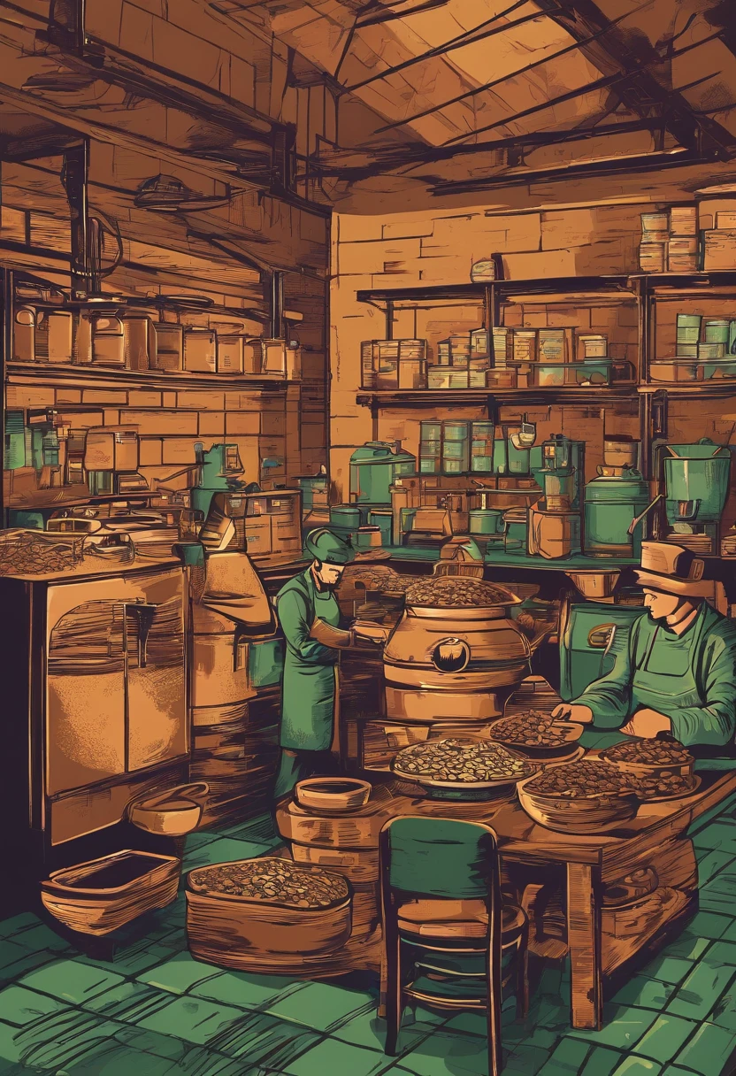 Create a detailed and atmospheric image of a coffee roastery. The setting is industrial yet inviting, with warm lighting that highlights the gleaming coffee roasting machines made of brass and copper. Sacks of green coffee beans are stacked in the background, and freshly roasted coffee beans cool in a circular cooling tray in the foreground. The ambiance is cozy and filled with the rich aroma of roasting coffee. Include baristas in aprons inspecting the roast and a chalkboard displaying various coffee origins and roast levels.