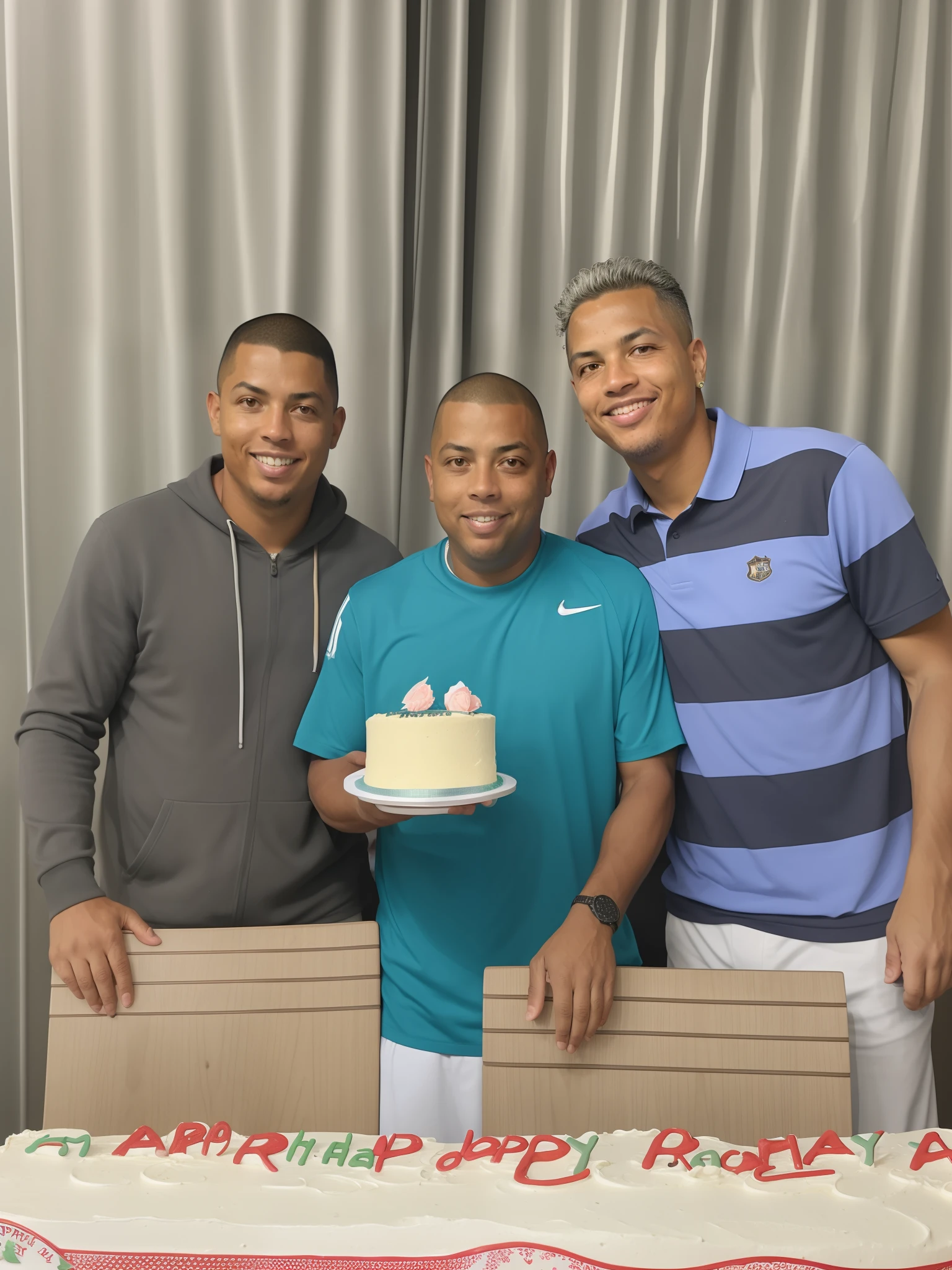Three men next to a table with a cake, Ronaldo Luis Nazario da Lima, Ronaldo Luis Nazario de Lima, happy birthday, celebrating a birthday, especial, ele tem cerca de 7 0 anos de idade, 70 anos, 7 0 anos, ele tem cerca de 50 anos, ele tem cerca de 5 0 anos de idade