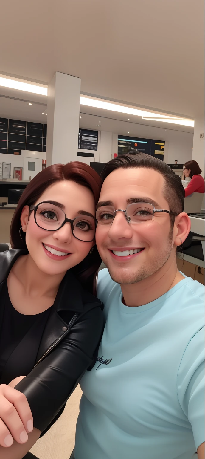 Uma mulher de 30 anos, com cabelos castanhos cumpridos, Rosto redondo, rosto redondo com sorriso encantador, e olhos castanhos, wearing glasses.  TV presenter looking at the camera