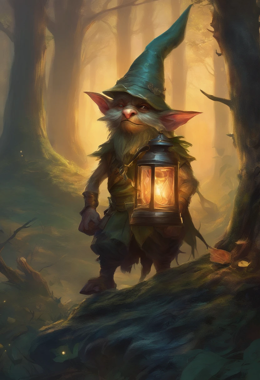 goblin, gnome with a lantern in the forest, dark forest, dark fantasy, art illustration
