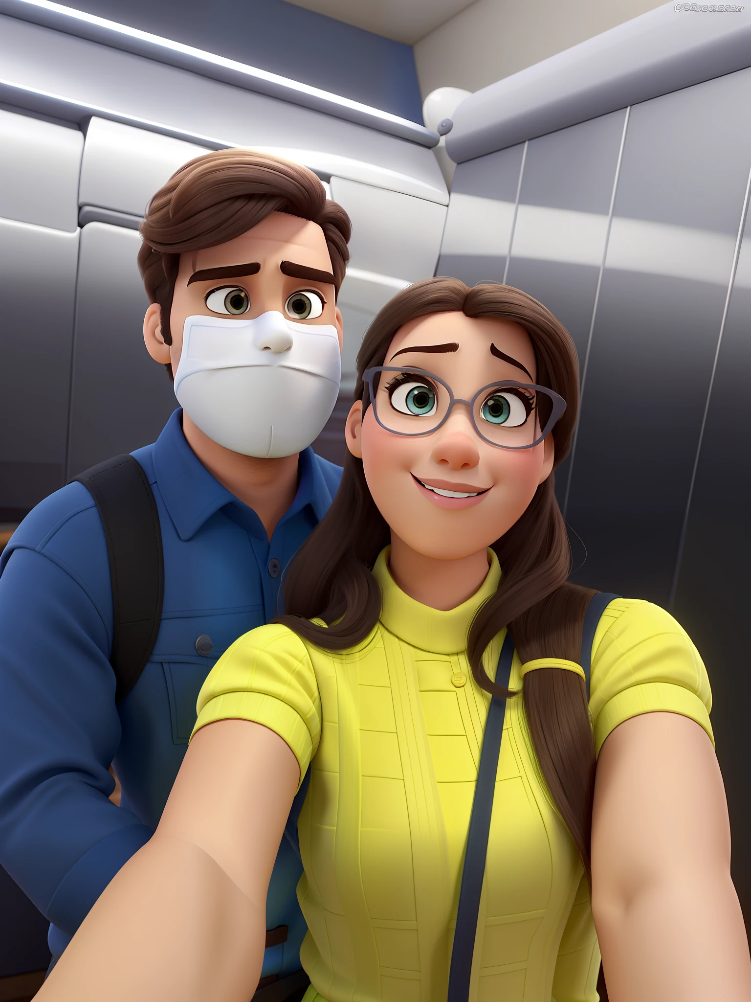 Casal estilo disney pixar melhor qualidade alta qualidade. Homem branco, cabelos e olhos castanhos escuros, usando mascara covid. Mulher branca, olhos castanhos.
