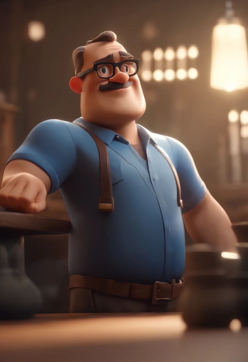 Cartoon character of a man wearing black glasses and a blue shirt, um personagem animado, Caractere estilizado, animation style rendering, 3D estilizado, Arnold Maya render, 3 d render stylized, toon render keyshot, Personagem 3D, Personagem 3D, 3d rendering stylized, 3 d character render, personagem de desenho animado, Personagem de close up, Pose de personagem, (Estilo Pixar) (master part:1.2) (Bokeh) (best quality) (pele detalhada) (textura detalhada) (8k) (argila) (Cinematic lighting) (foco nítido,Senta e vaza a parte superior do corpo