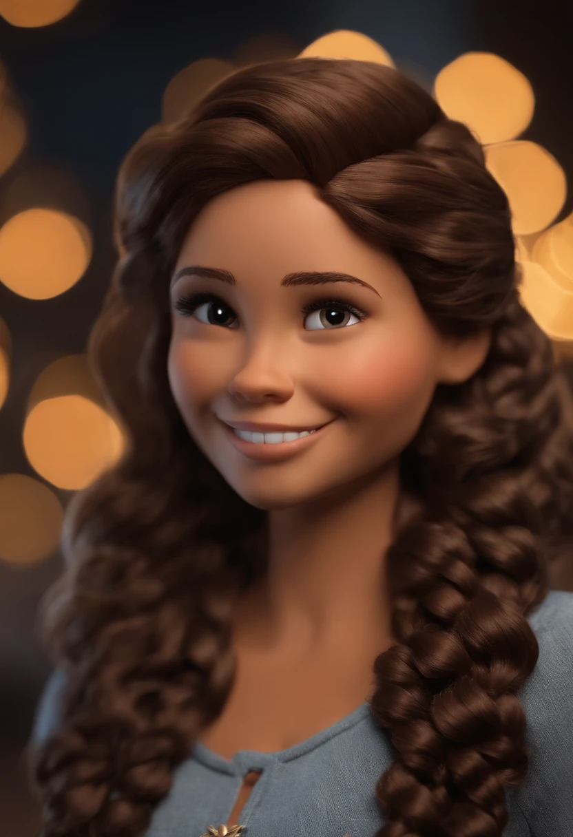 menina, estilo disney, tom de pele: claro: Cabelo: marrom escuro, liso, curto, penteado para o lado direito. camisa: , Cor cinza. Fundo: faculdade,Comemorando, Hands raised, sorrindo, feliz, (estilo pixar) (obra-prima:1.2) (bokeh) (melhor qualidade) (pele detalhada) (textura detalhada) (8k) (claymation) (cinematic lighthing) (foco nítido