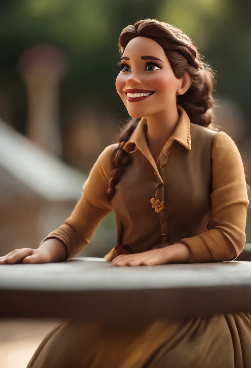 menina, estilo disney, tom de pele: claro: Cabelo: marrom escuro, liso, curto, penteado para o lado direito. camisa: , Cor cinza. Fundo: faculdade,Comemorando, Hands raised, sorrindo, feliz, (estilo pixar) (obra-prima:1.2) (bokeh) (melhor qualidade) (pele detalhada) (textura detalhada) (8k) (claymation) (cinematic lighthing) (foco nítido