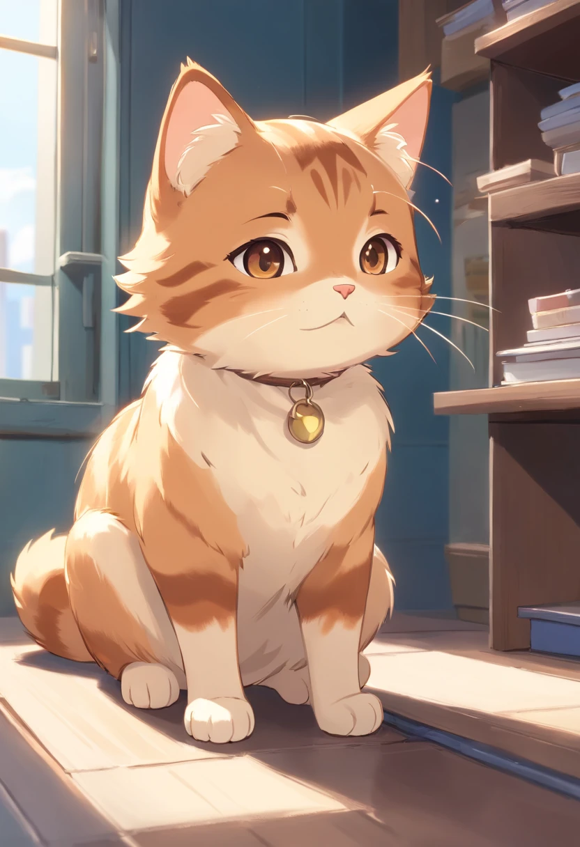 2D chibi character of light brown european cat shaking white breasts,Curious look,Tilt your neck at a 45-degree angle