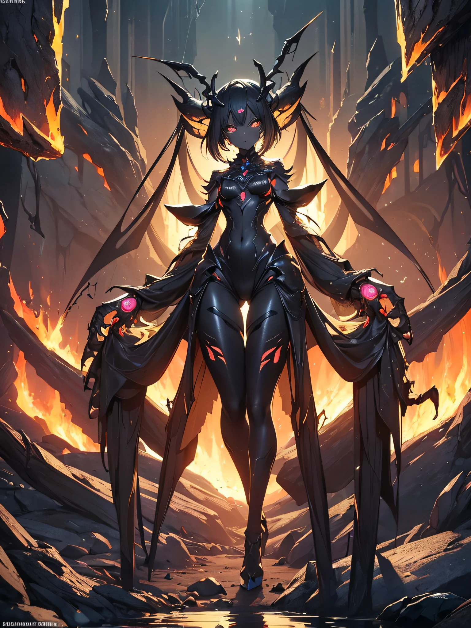 ((Masterpiece, Highest quality)), Detailed face, CharacterDesignSheetfull body, perfectly proportions, full of details, ((Multiple poses and expressions)), Highly detailed, monster girl, insect girl, fly girl, A beautiful dark-black-volcanic-stone lava fly girl, insect eyes, (insect arms), (six arms), (glowing pale yellow eyes), bright yellow eyes, dark and gloomy coal caves