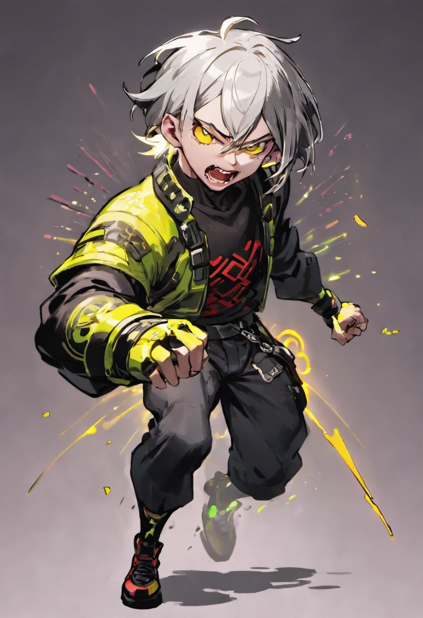 fully body photo, Cyberpunk man with silver hair shortcut, Black and yellow-green cyberpunk clothes, a cool, Photorealistic, Cinematic lighting、Luxury、being thin、Yellow eye color、Red around the eyes、having katana、shoun、Boyish face、Laughing with open mouth、Standing Picture