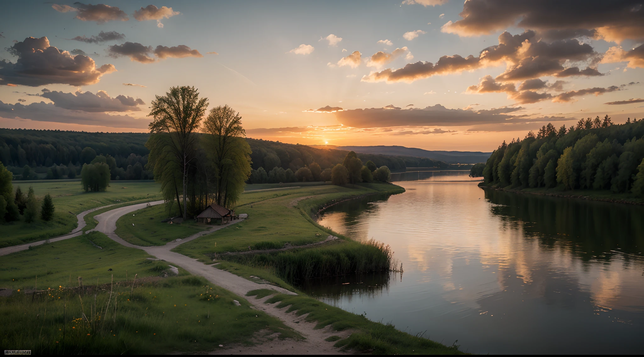 Landscape of the Belarusian Belovezhskaya Pushcha, at sunset, Lake, Magnificent landscapes, ultrarealism, Highest level of detail in the landscape,