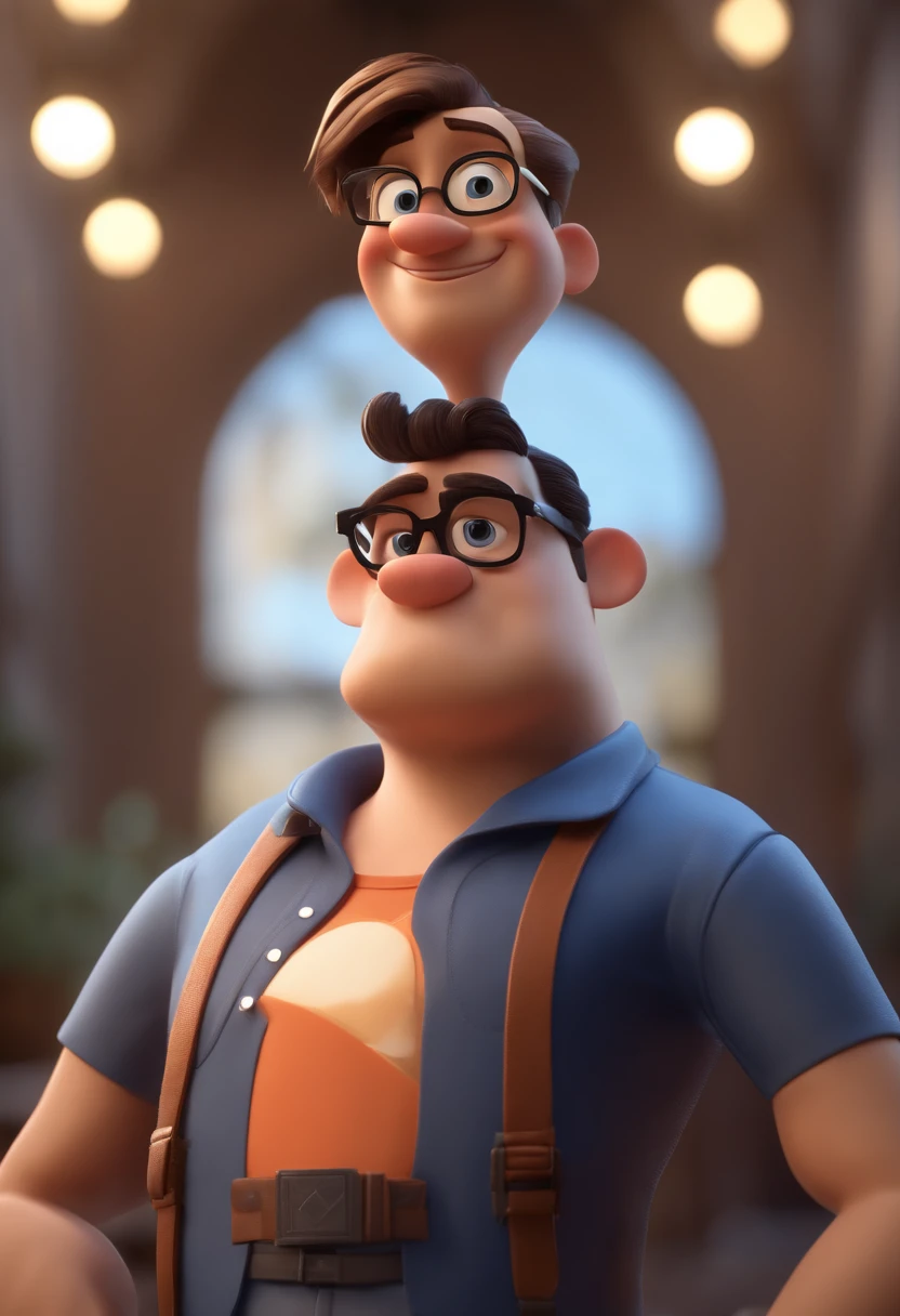Cartoon character of a man wearing black glasses and a blue shirt, an animated character, stylized character, animation style render, Stylized 3 D, arnold maya render, 3 d render stylized, toon render keyshot, 3d character, 3 d character, stylized 3d render, 3 d character render, cartoon character, close up character, character posing, (Pixar style) (Masterpiece:1.2) (Bokeh) (Best quality) (Detailed skin) (Detailed texture) (8K) (Clay) (Cinematic lighting) (Sharp focus,Sits and leaks the upper body