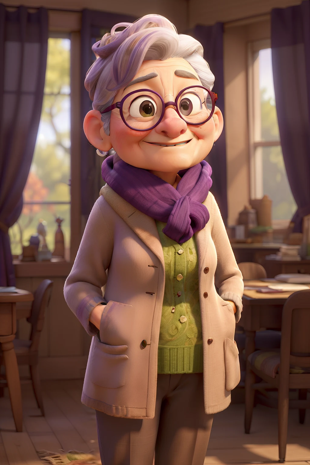 A prompt for the given theme:

"(best quality,ultra-detailed,realistic:1.37),portrait,elderly woman with glasses and scarf,standing in the park,wearing a purple coat and a green scarf,illustration-style:1.2,detailed facial expression,wrinkles,dappled sunlight,hint of autumn foliage,lively background,soft color palette,gently smiling,vibrant colors,old-fashioned eyeglasses,flowing scarf,leaves swirling in the wind,fine lines and textures,masterpiece:1.2,soft focus,ethereal lighting"