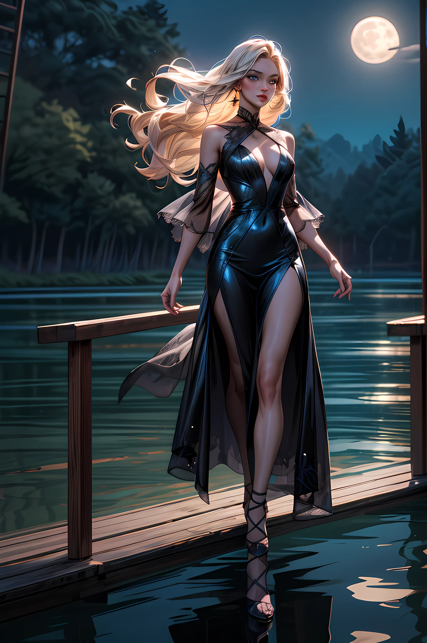an award winning photoshoot, picture of an extremally beautiful woman model walking on a fashion the (wood catwalk on the runway of a famous fashion show: 1.1) floats on a lake at night, a very beautiful woman, elite Beauty model, long hair, blond hair, green eyes, wearing elegant Haut Couture dress, black dress, wearing high heels, the model's (Catwalk on the runway of a famous fashion show) floats on a lake at night, the model being reflected in the lake, its night time, moon light, reflections, high detail, award winning, best quality, UHD, 16K, rendering, high details, best quality, highres, scenery , ultra wide angle