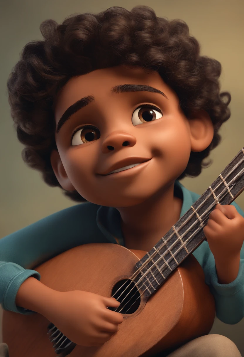 crie um banner no estilo Pixar. A boy with Indian features, moreno pardo com cabelos curtos, Castanhos escuros, Curly and slightly grayish appearance, mas jovem, usando uma camiseta, Wearing jeans and holding a classical guitar with 7 strings.