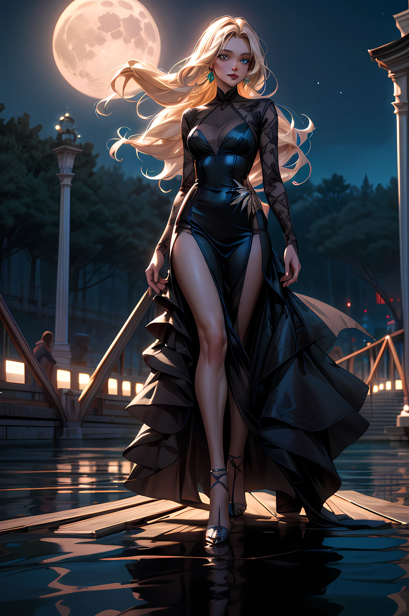 an award winning photoshoot, picture of an extremally beautiful woman model walking on a fashion the (wood catwalk on the runway of a famous fashion show: 1.1) floats on a lake at night, a very beautiful woman, elite Beauty model, long hair, blond hair, green eyes, wearing elegant Haut Couture dress, black dress, wearing high heels, the model's (Catwalk on the runway of a famous fashion show) floats on a lake at night, the model being reflected in the lake, its night time, moon light, reflections, high detail, award winning, best quality, UHD, 16K, rendering, high details, best quality, highres, scenery , ultra wide angle