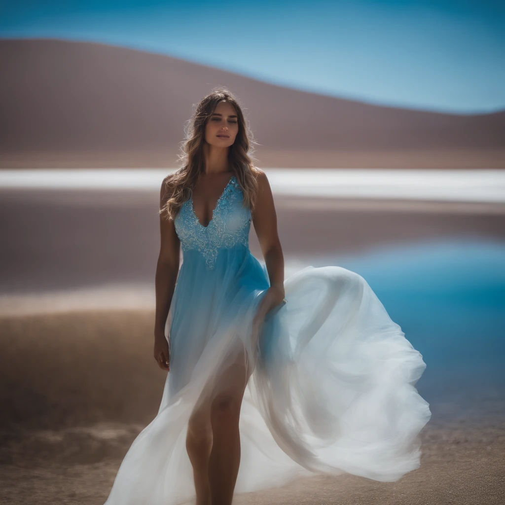 absurdos, Altas, (Arte Oficial, Beautiful and Aesthetic:1.2), (Close view:1.15), (1girl, cabelos azuis, medium hair, olhos azuis, olhos brilhantes, vestido branco longo, babado azul,:1.2) blue skies, Shimmering galaxy, (Salar de Uyuni:1.2), (Arte Fractal:0.8), water effects, efeitos em cascata, (efeitos florais: 0.65), efeitos de luz,