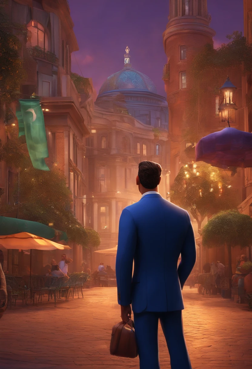A city councilman looking at a dream project inspired by Pixar animation, de perto. The character takes center stage with captivating facial expressions, oferecendo um toque de irrealidade