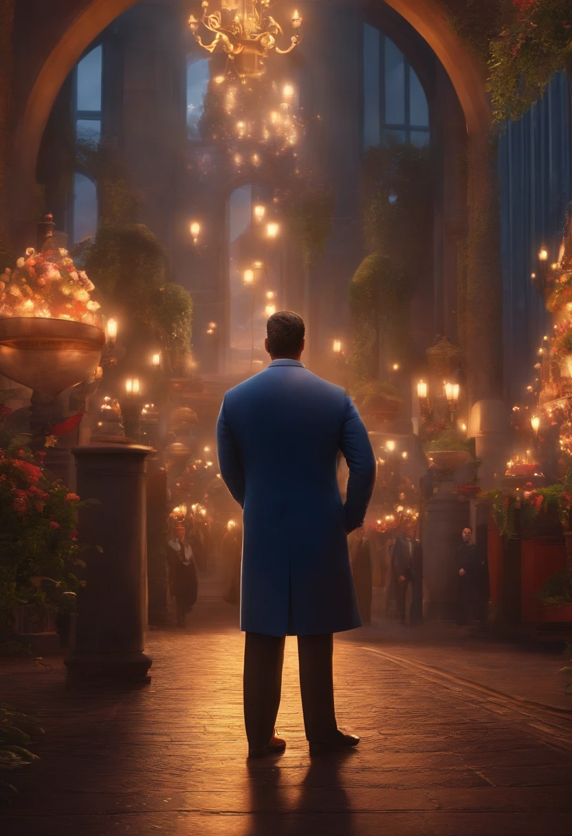 A city councilman looking at a dream project inspired by Pixar animation, de perto. The character takes center stage with captivating facial expressions, oferecendo um toque de irrealidade