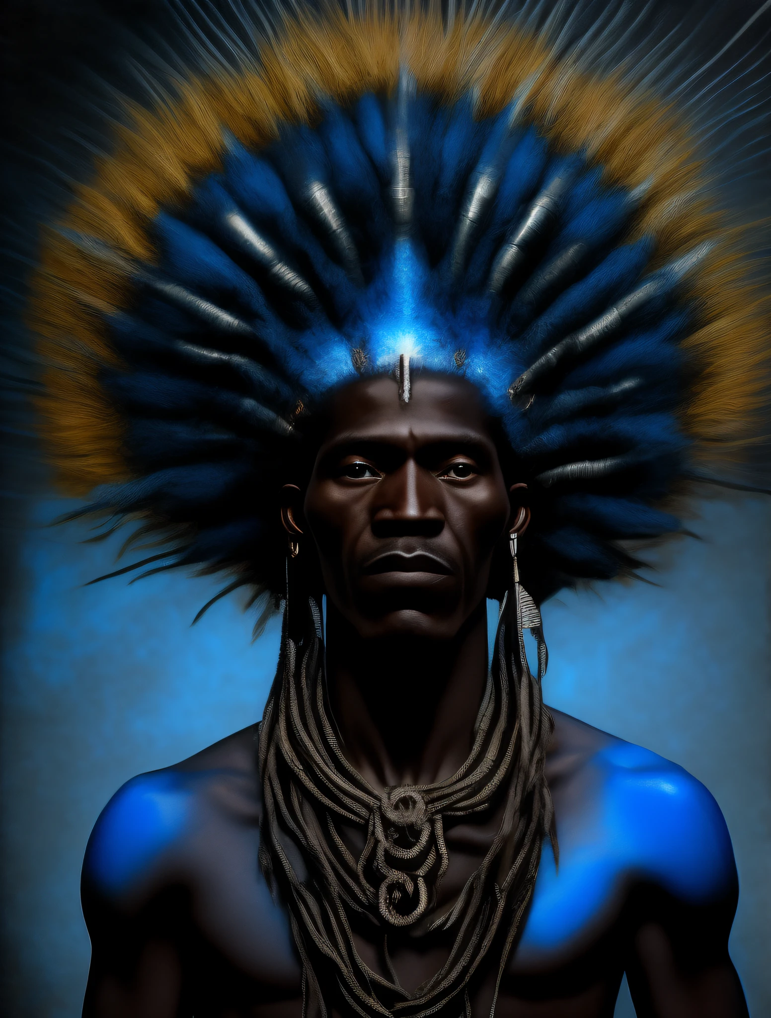CABOCLO ogum 7 espadas, mestizo black man, indio, adornos tipicos indigena,vestindo um ade de penas azuis e brancas. intrincado, entidade da umbanda, rosto pintadio azul e branco e branco, olhar penetrante, cosmic god,