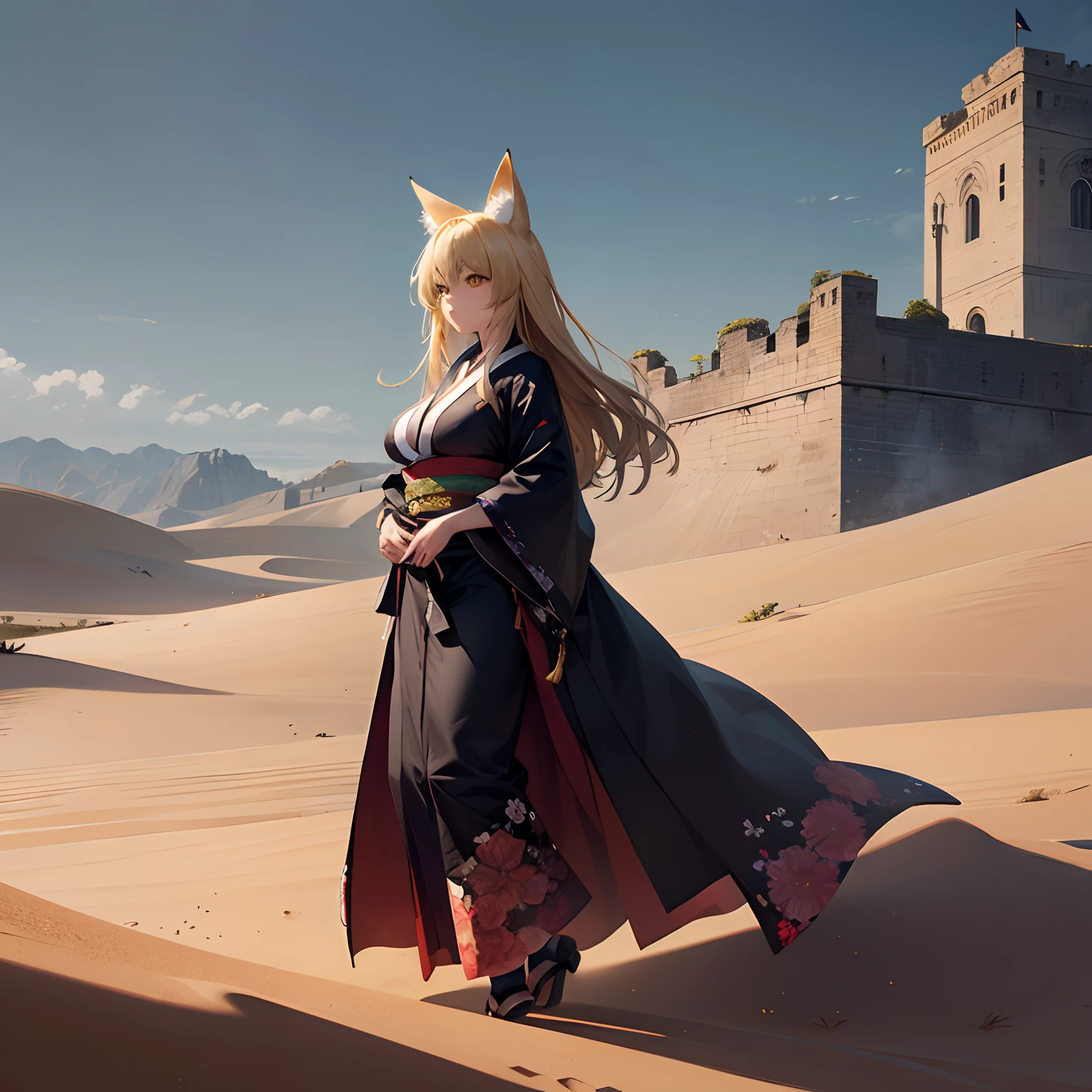 masutepiece,Illustration, (Ultra-detailed, mysterious lighting), Golden Fox、Lots of Tails、Golden Eyes、length hair、Golden hair、a large amount of hair、1人の女性,a matural female,large full breasts,Traditional kimono,Black kimono,a lot of big fox tails、(Golden Eyes、Fox ears、length hair、Golden hair),Beautiful face、(Stand in the distance and walk towards the castle,Detailed face,serious facial expression),a large amount of hair、Thick kimono、Black kimono、Plum floral pattern、Overlapping kimonos, ((A huge fortress made of carved stone in a secluded desert)), Pale blue sky, Sunlight, Fog, Shadow,(Stones and dark grass, Uninhabitable, Barren land, Nature, sand dunes,A desert),Unsaturated