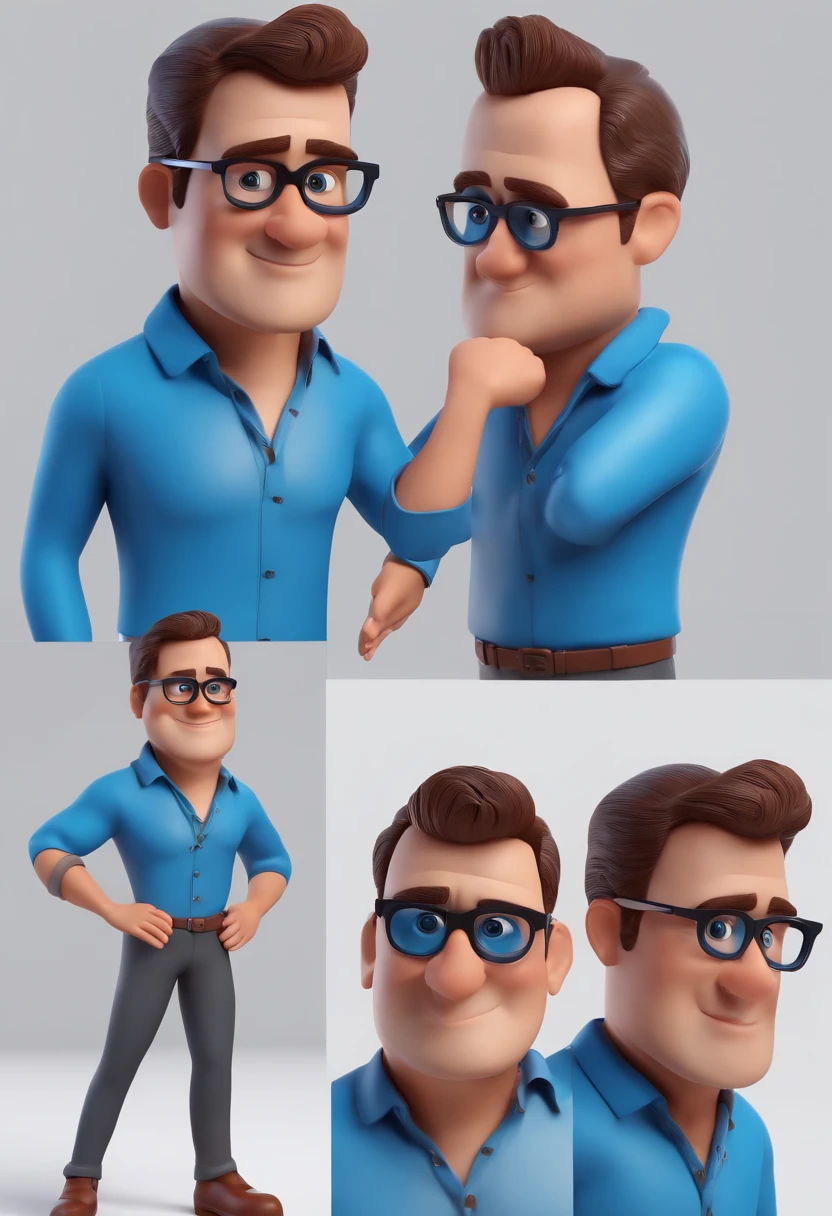 Cartoon character of a man with black glasses and a blue shirt, animation character, Caractere estilizado, animation style rendering, 3D estilizado, Arnold Maya render, 3 d render stylized, toon render keyshot, Personagem 3D, Personagem 3D, 3d rendering stylized, 3 d character render, personagem de desenho animado, Personagem de close up, Pose de personagem,  (Estilo Pixar) (master part:1.2) (Bokeh) (best quality) (pele detalhada) (textura detalhada) (8k) (argila) (Cinematic lighting) (foco nítido