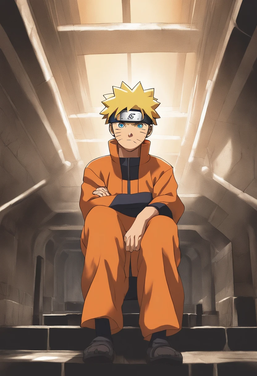 (melhor qualidade:0.8), (melhor qualidade:0.8), Perfect anime illustration, A cinematic scene unfolds in an underground base. The dimly lit room is filled with an air of anticipation. In the center of the frame is Naruto Uzumaki, the iconic hero of the Naruto series. He's dressed in his vibrant orange gi, Symbolizing your burning determination. Naruto's cheerful smile lights up his face as he looks directly into the camera, convidando o espectador para o seu mundo. The atmosphere is tinged with mystery and excitement. The walls of the underground base are adorned with technological elements, hinting at the advanced nature of the hidden installation. The composition of the scene highlights Naruto as the focal point, Capturing your vibrant personality and unwavering spirit. The background is meticulously crafted, with subtle details that add depth to the image. Shadows dance on the walls, Launching an Intriguing Environment. The contrasting colors of the underground base, uma mistura de azuis frescos e cinzas profundos, Crie uma atmosfera mal-humorada. The image is captured from a low-camera perspective, Increasing the Dramatic Effect, anime, capa de novela