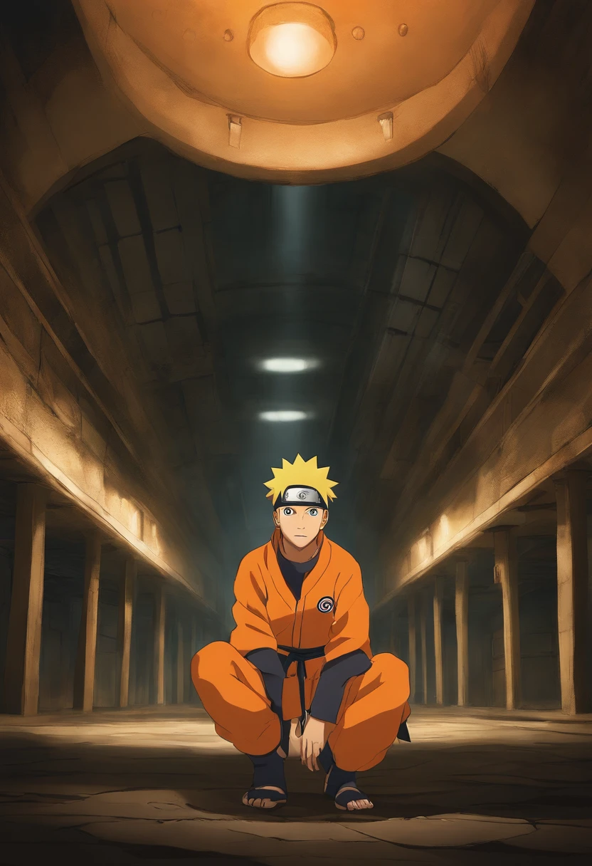 (melhor qualidade:0.8), (melhor qualidade:0.8), Perfect anime illustration, A cinematic scene unfolds in an underground base. The dimly lit room is filled with an air of anticipation. In the center of the frame is Naruto Uzumaki, the iconic hero of the Naruto series. He's dressed in his vibrant orange gi, Symbolizing your burning determination. Naruto's cheerful smile lights up his face as he looks directly into the camera, convidando o espectador para o seu mundo. The atmosphere is tinged with mystery and excitement. The walls of the underground base are adorned with technological elements, hinting at the advanced nature of the hidden installation. The composition of the scene highlights Naruto as the focal point, Capturing your vibrant personality and unwavering spirit. The background is meticulously crafted, with subtle details that add depth to the image. Shadows dance on the walls, Launching an Intriguing Environment. The contrasting colors of the underground base, uma mistura de azuis frescos e cinzas profundos, Crie uma atmosfera mal-humorada. The image is captured from a low-camera perspective, Increasing the Dramatic Effect, anime, capa de novela