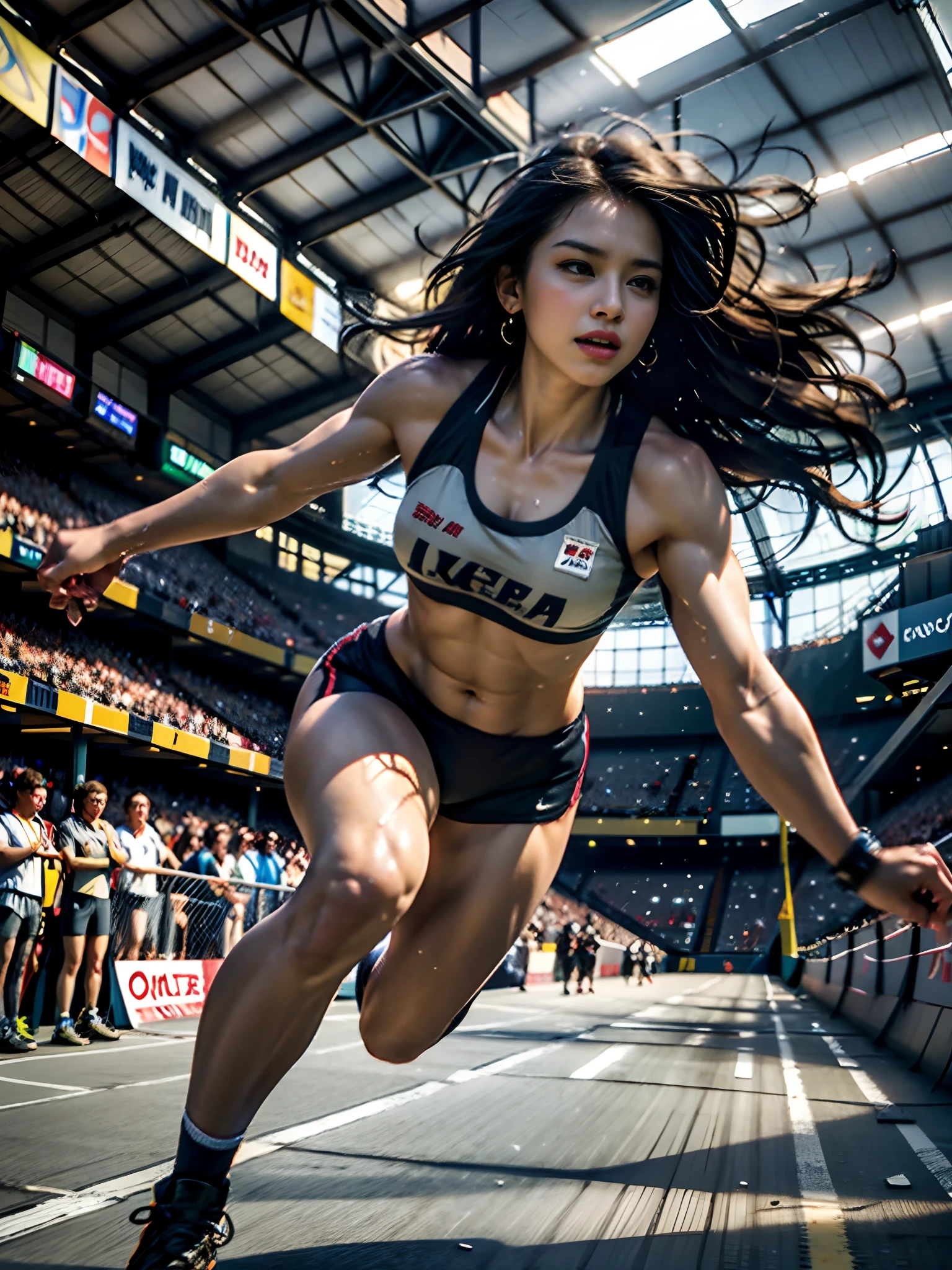 Strong female athletes, Wear high-end sportswear,Long flowing curly hair, Detailed muscular physique, Realistic depiction, Sprint to the finish line,Drenched all over the body,4K resolution. The stadium was filled with cheering spectators,detailedbackground,32K Ultra Hi-Vision, Best Quality, masutepiece, Super Detail, high details