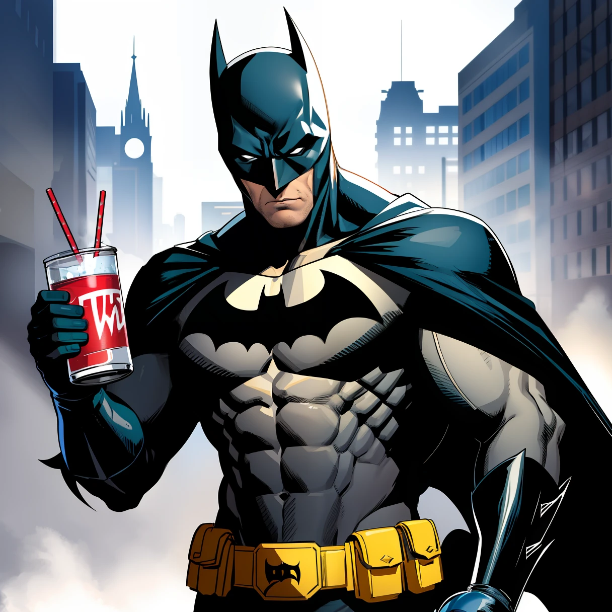 batman,1boy,solo,holding,soda,drink, black cape,mask,white eyes,no pupils ,superhero,bat ears,pouch,spandex, black bodysuit ,abs,muscular male,utility belt,