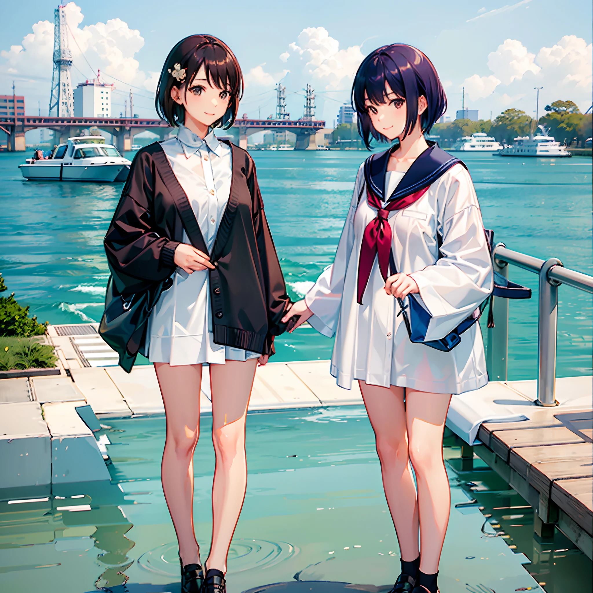 Two Japan women taking photos in a park on the Sumida River in Japan、She was a 27-year-old woman with loose, fluffy short hair and lobbed hair、One is a 31-year-old woman with small breasts and a dark brown lob、The two are having fun、small tits、Small、discreet breasts、street snap、Adult Women's Plain Clothes、a sailor suit、cardigan、Sheer feeling、Beautuful Women、Looking at me with a smile、Staring at each other