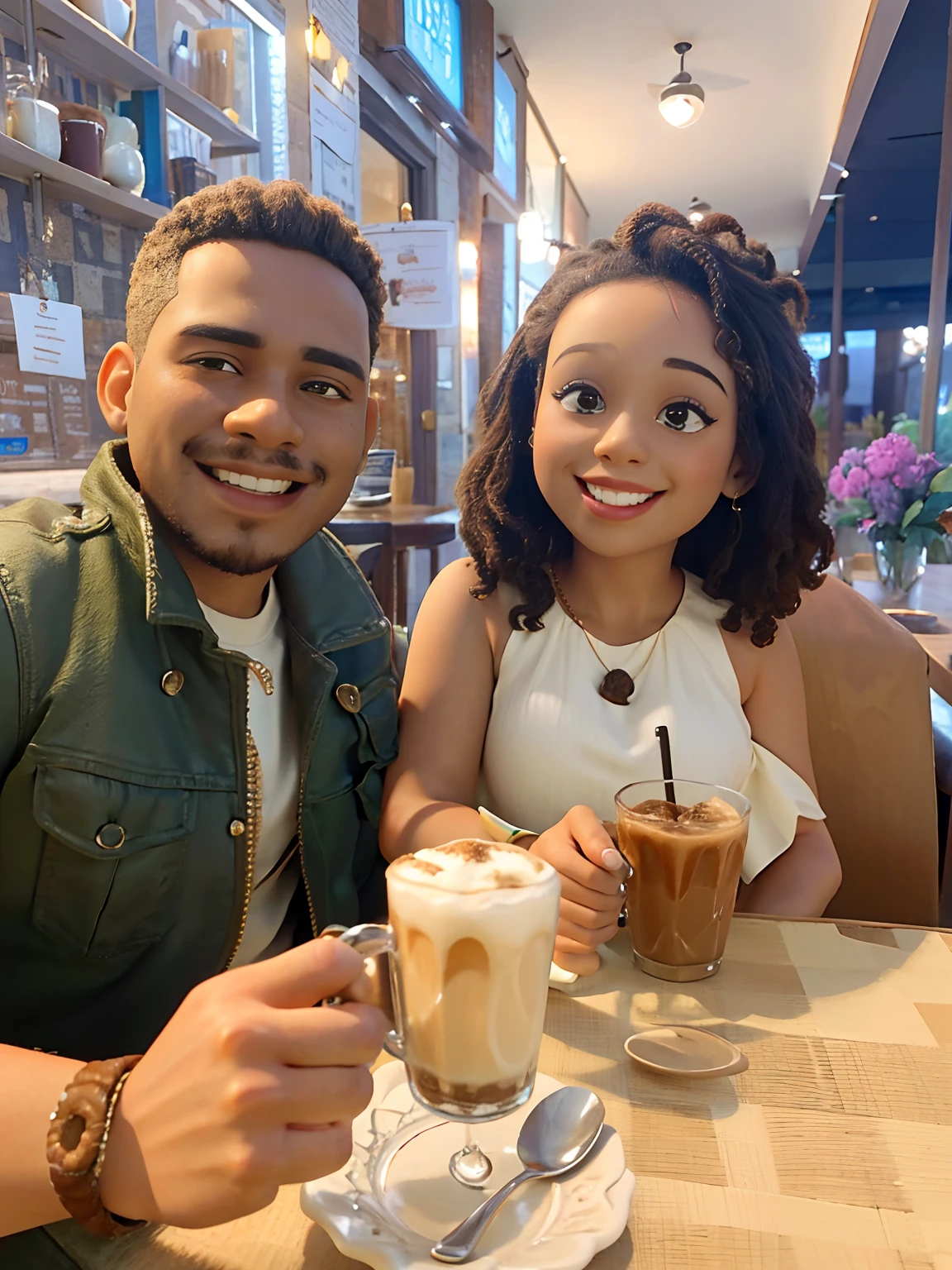 casal sorridente sentado em uma mesa com bebidas na frente deles, enjoying coffee at a coffee shop, She is a light afro brunette with curly afro hair