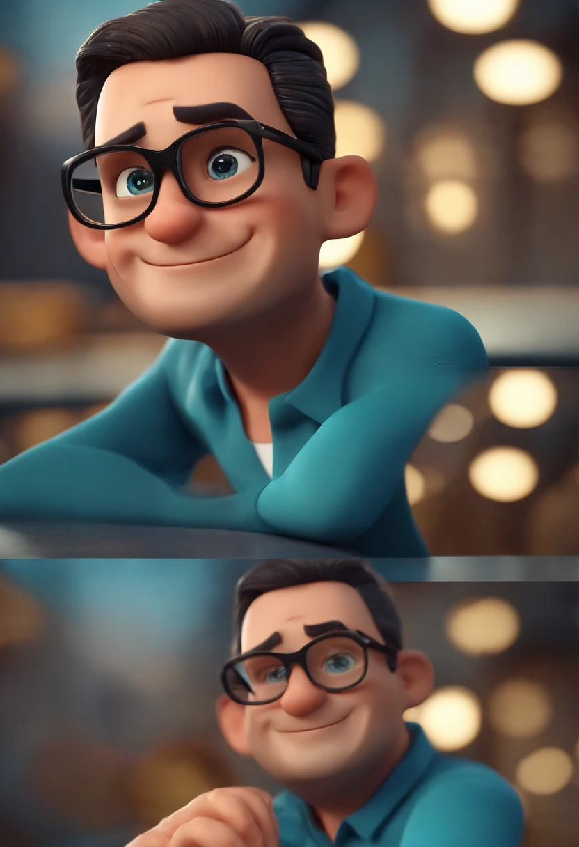 Cartoon character of a man wearing black glasses and a blue shirt, um personagem animado, Caractere estilizado, animation style rendering, 3D estilizado, Arnold Maya render, 3 d render stylized, toon render keyshot, Personagem 3D, Personagem 3D, 3d rendering stylized, 3 d character render, personagem de desenho animado, Personagem de close up, Pose de personagem,  (Estilo Pixar) (master part:1.2) (Bokeh) (best quality) (pele detalhada) (textura detalhada) (8k) (argila) (Cinematic lighting) (foco nítido