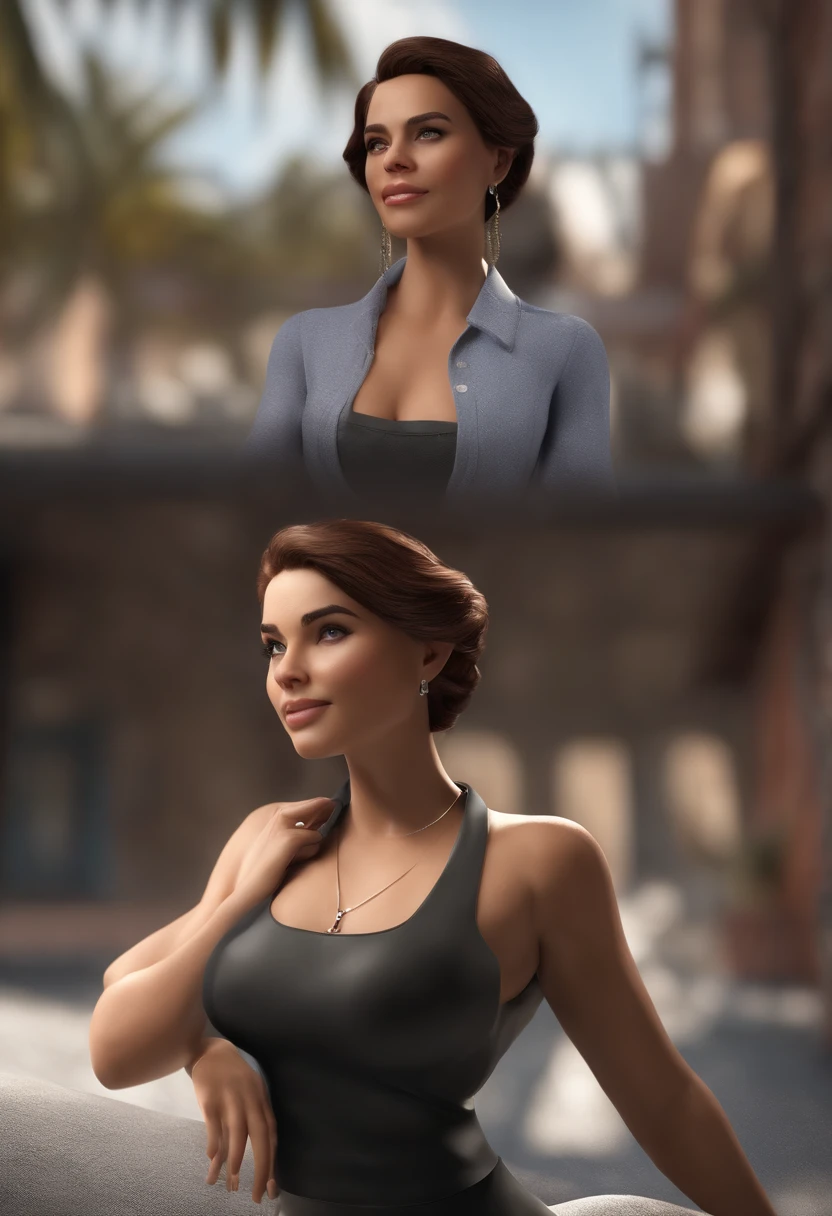 Personagem dos desenhos animados de uma mulher, cabelo curto marrom escuro penteado para o lado, e uma camisa cinza, animation character, Caractere estilizado, animation style rendering, 3D estilizado, Arnold Maya render, 3 d render stylized, toon render keyshot, Personagem 3D, Personagem 3D, 3d rendering stylized, 3 d character render, personagem de desenho animado, Personagem de close up, Pose de personagem,  (Estilo Pixar) (master part:1.2) (Bokeh) (best quality) (pele detalhada) (textura detalhada) (8k) (argila) (Cinematic lighting) (foco nítido