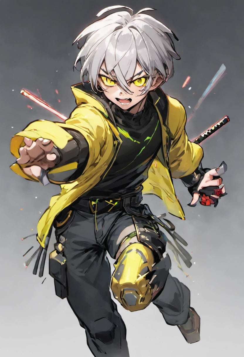 fully body photo, Silver-haired shortcut、The Cyberpunk Man, Black and yellow-green cyberpunk clothes, a cool, Photorealistic, white backgrounid、Looks like the main character of an anime、being thin、Yellow eye color、A face like a prince、Red around the eyes、having katana、shoun、boyish face、Laughing with open mouth、Standing picture