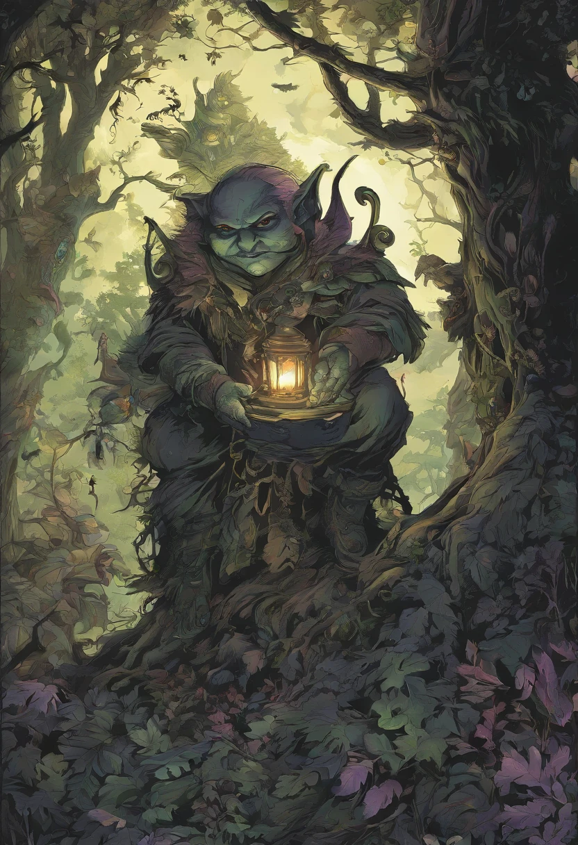 In a dark fantasy forest, there is a mystical atmosphere with goblins and gnomes lurking in the shadows. The scene is beautifully depicted in an art illustration style, with vivid colors and extreme attention to detail. The protagonist of the scene is a goblin and a gnome, both of whom are wearing tattered clothes and holding a lantern to light their way through the dark forest.
The forest itself is thick and dense, with towering trees that cast eerie shadows. The leaves are a mix of deep greens and purples, giving the forest an otherworldly appearance. Rays of moonlight seep through the thick canopy, illuminating small patches of the forest floor. Twisted roots and branches intertwine, creating an intricate and mysterious atmosphere.
The goblin has piercing eyes that glow with an ominous green light, while the gnome exudes a mischievous expression, showcasing their lively personalities. The lantern they carry emits a warm and inviting glow, adding a sense of warmth amidst the darkness.
The entire scene is of the highest quality, with every element rendered in ultra-fine detail. The artist has captured the essence of the dark fantasy genre, creating a masterpiece that transports the viewer into a world of magic and imagination. The colors are rich and vibrant, adding depth and dimension to the illustration. The lighting is carefully crafted, with soft glows and shadows that enhance the overall atmosphere.
In summary, the Stable Diffusion prompt for this theme would be: "goblin, gnome with a lantern in the forest, dark forest, dark fantasy, art illustration, (best quality, 4k, highres, masterpiece:1.2), ultra-detailed, realistic:1.37, HDR, vivid colors, eerie lighting".