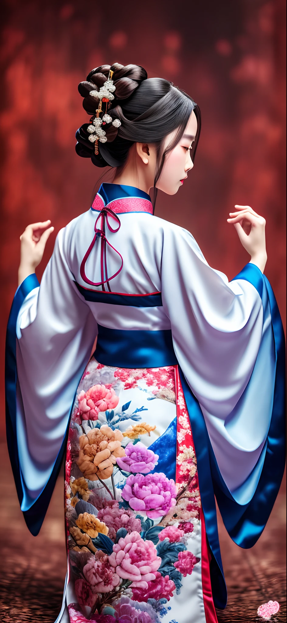1girl.solo,hanfu,chinese clothing,(backside:1.2),photograph, masterpiece, photo realism,best quality, super high resolution, raw photo, photo shoot, professional, amazing detail, colorful, surrealism, masterpiece, best quality, HDR, viewpoint, highest quality, Sharp Focus, Digital Art Rendering, 8K,