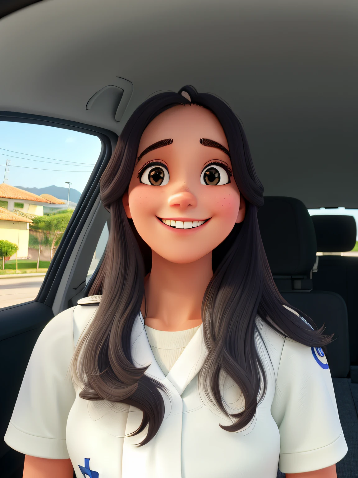 Uma mulher sorridente dentro de um caro de uniforme