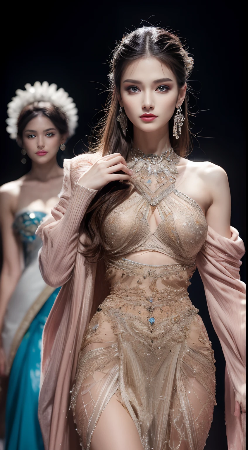 (Ultra-detailed, A high resolution, Masterpiece:1.2), professional, Vibrant colors, Stunning lighting, Fashion show, Charismatic model, posing elegantly, detailed outfits, Catwalk, Stylish atmosphere, mesmerizing looks,Exquisite facial features, A confident expression, Dynamic movements, Atmospheric lighting, GLOSSY TEXTURE, Luxurious design, Intricate patterns, haute couture fashion, edgy style, A well-crafted ensemble, Exquisite details.