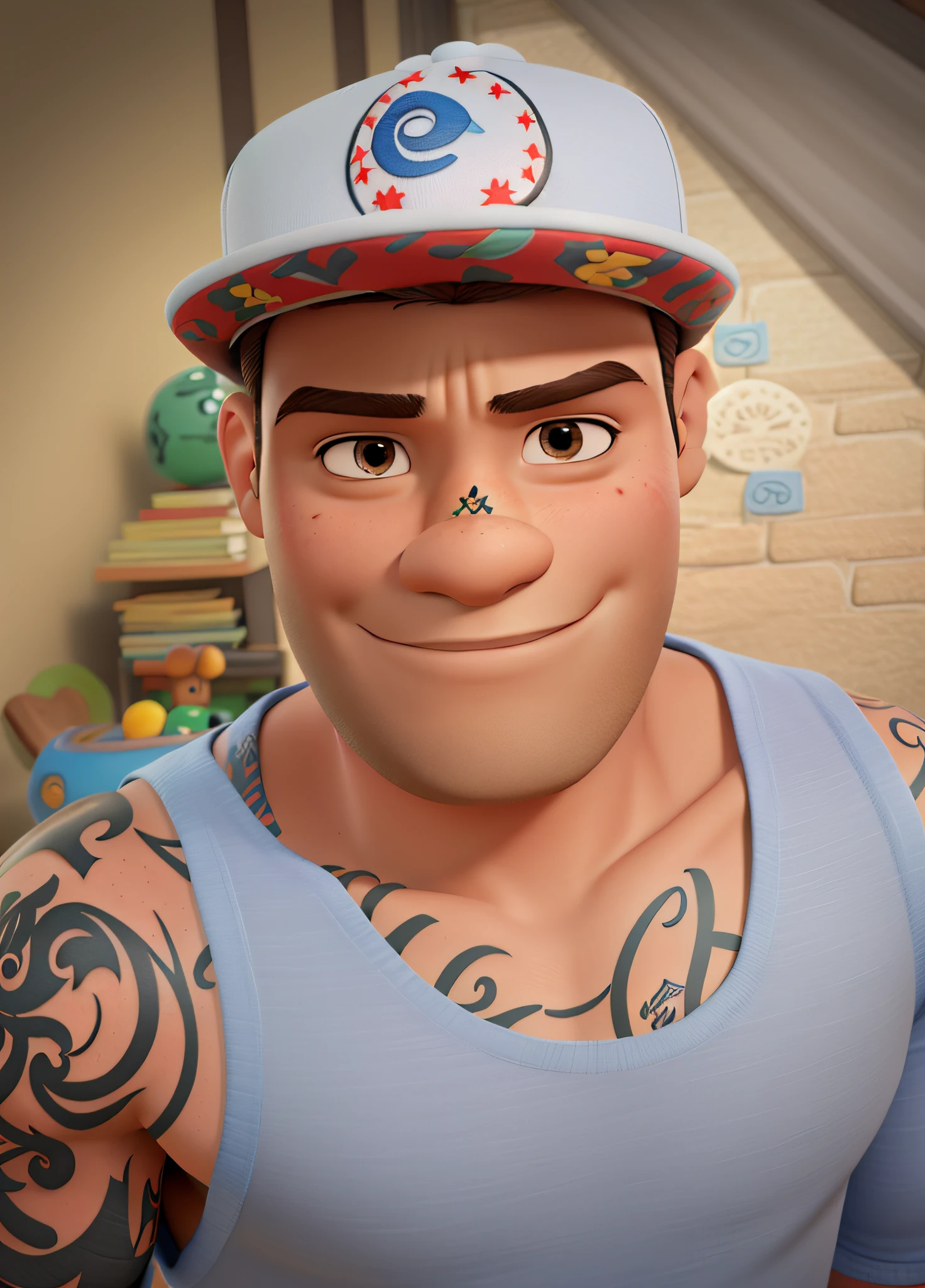 um homem tatuado, estilo disney pixar, alta qualidade, melhor qualidade