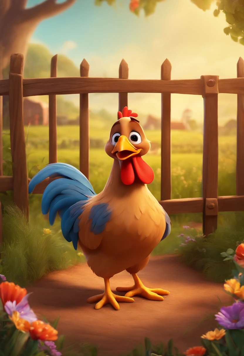 Make a Pixar and Disney-style chicken in the farm plot,segurando uma placa de uma loja escrito F.C Ovos