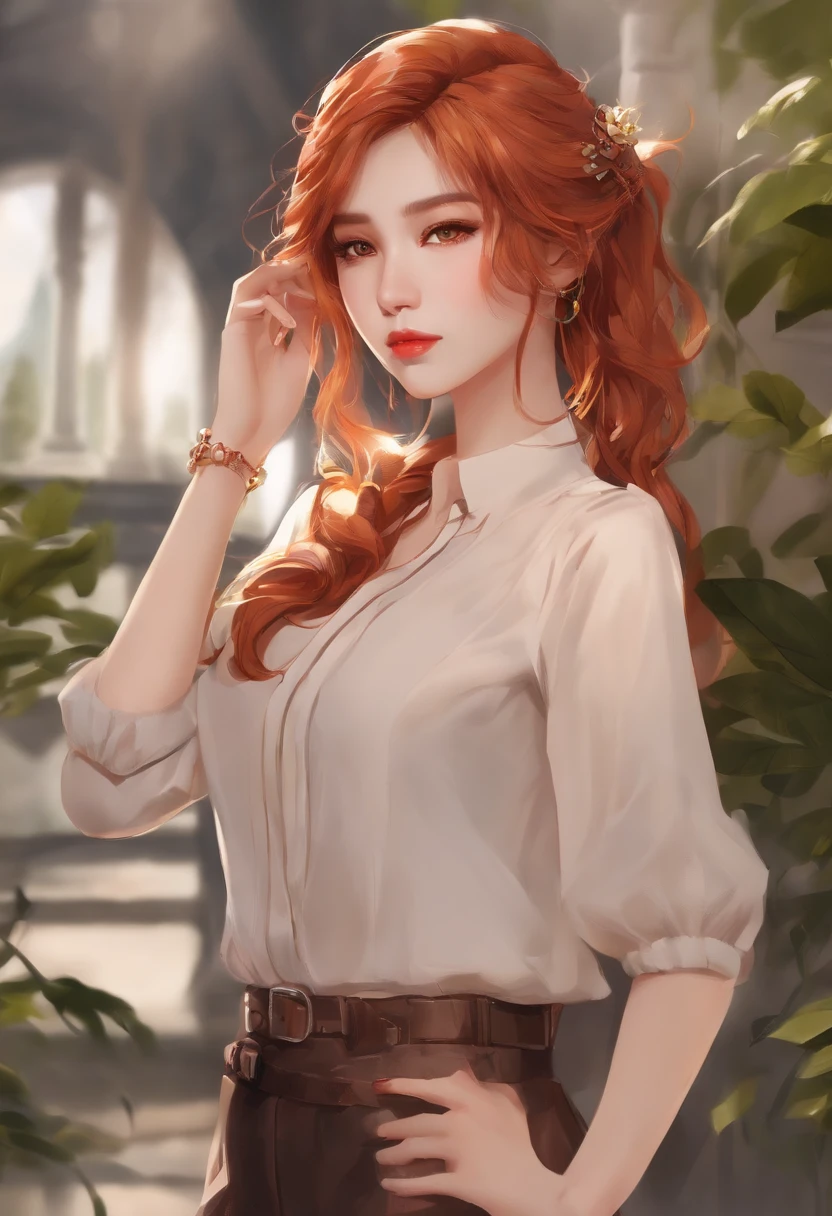 (((1girl))), ((((solo)))), ((messy hairstyle)), standing taking a picture, (((Reddish-yellow hair)), red eyes, soft blouse
