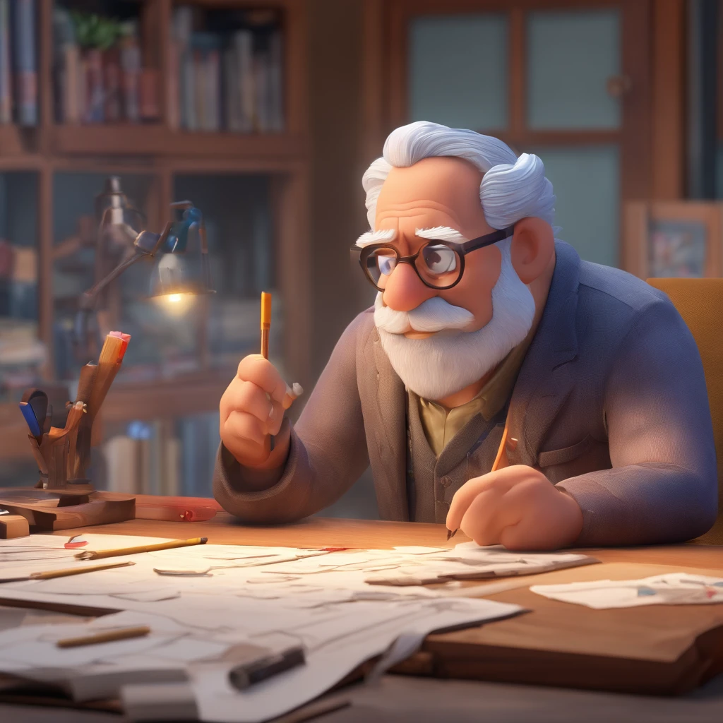 Crie um cartaz inspirado na Disney Pixar com o personagem sendo o pastor Rubens Janier, A gray-haired man wearing glasses,  Sketchman in an office painting a drawing on the table, Looking forward and serious